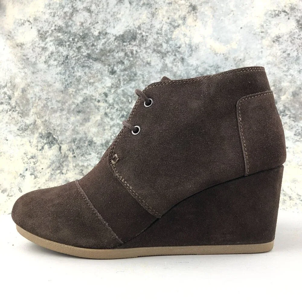 Toms Women's Size 8 Desert Brown Suede Wedge High Heel Lace-Up Ankle Booties